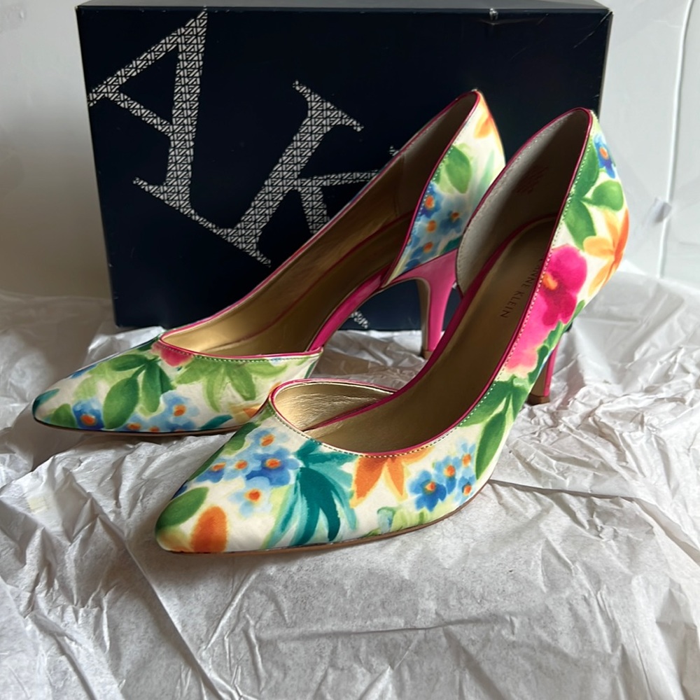 pink floral "Barbie" type Anne Klein pumps. worn once. No tags. Original box.